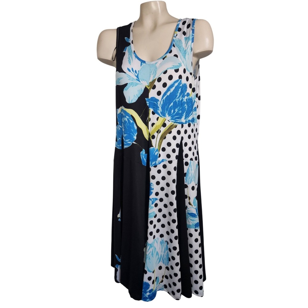 Tango Mango Womens Blue Floral‎ Polka Dot Sleeveless Midi Dress M Mixed Print